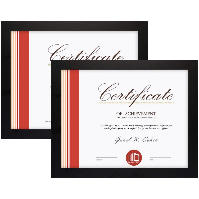 Frametory, 8.5x11 Picture Frame Real Glass - with Back Hangers for Wall Display, Easel Stand for Tabletop, for Certificates, Documents, Awards, Acknowledgements, Wide Molding (Black, 2-Pack) - Image 1